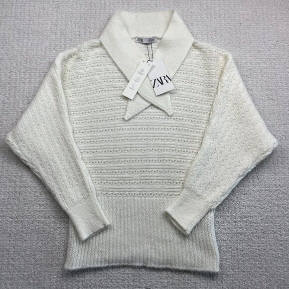 ZARA Women’s White Knit Sweater Size M NWT Bow Tie V-Neck Pullover Long Sleeve * - Picture 1 of 16